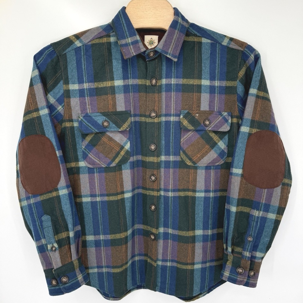 The Territory Ahead Shirt Mens XL Blue Plaid Wool Blend Elbow Patch Flannel